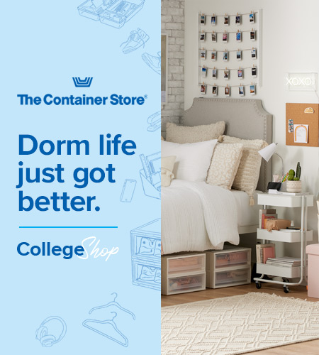 Image of a college dorm room with Container Store furnishings.