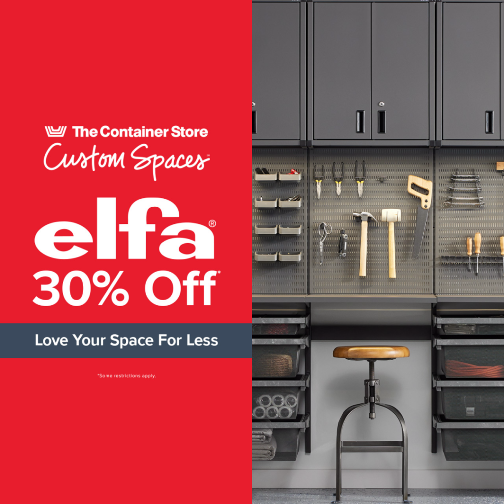 Image of some elfa components and text saying Elfa 30% Off